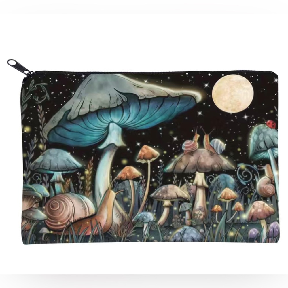 Cosmetic Makeup Portable Square Case Bag Pouch Mushroom Snail Night (Black)